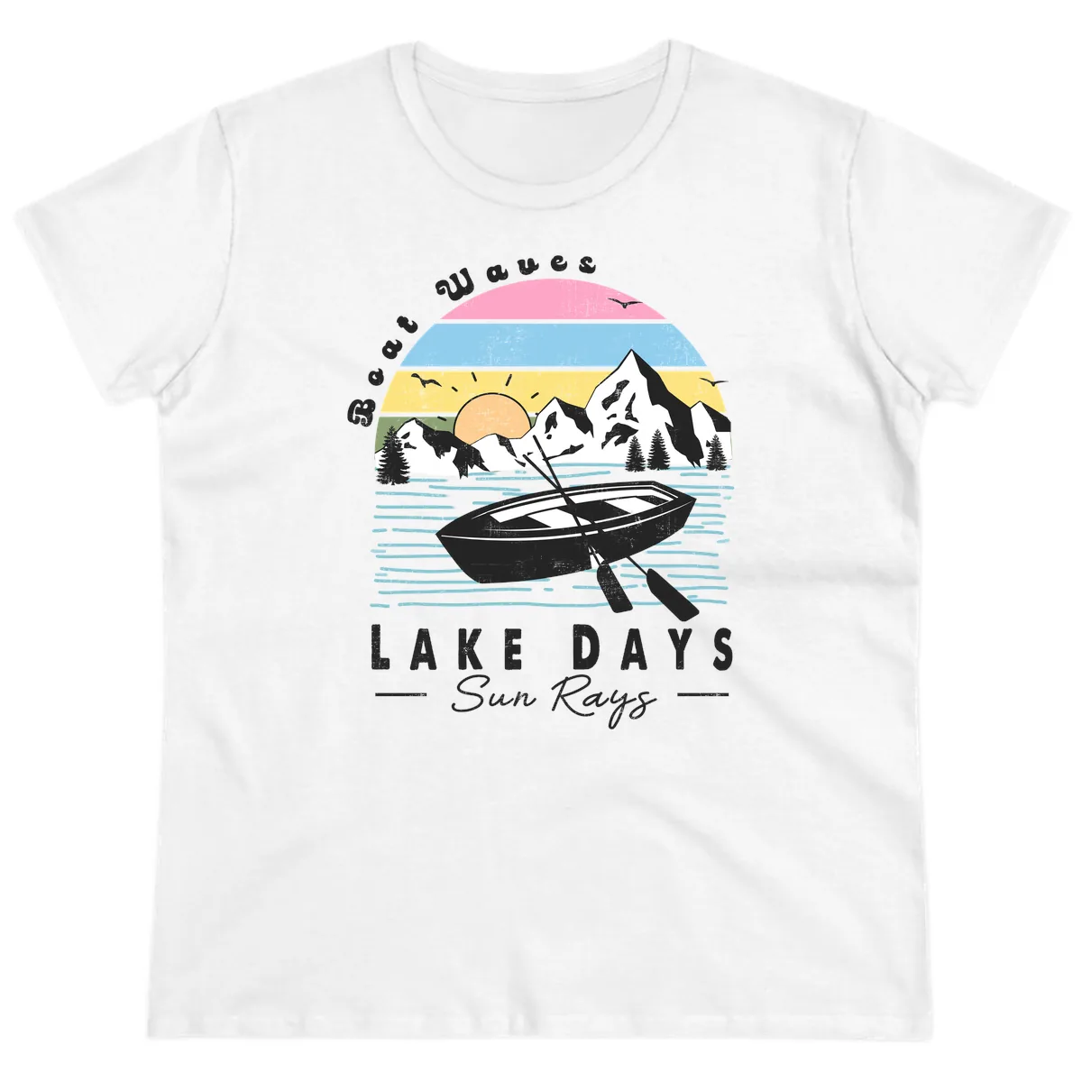 Lake Days Boat Sun Rays Scenic Ladies Tee in White
