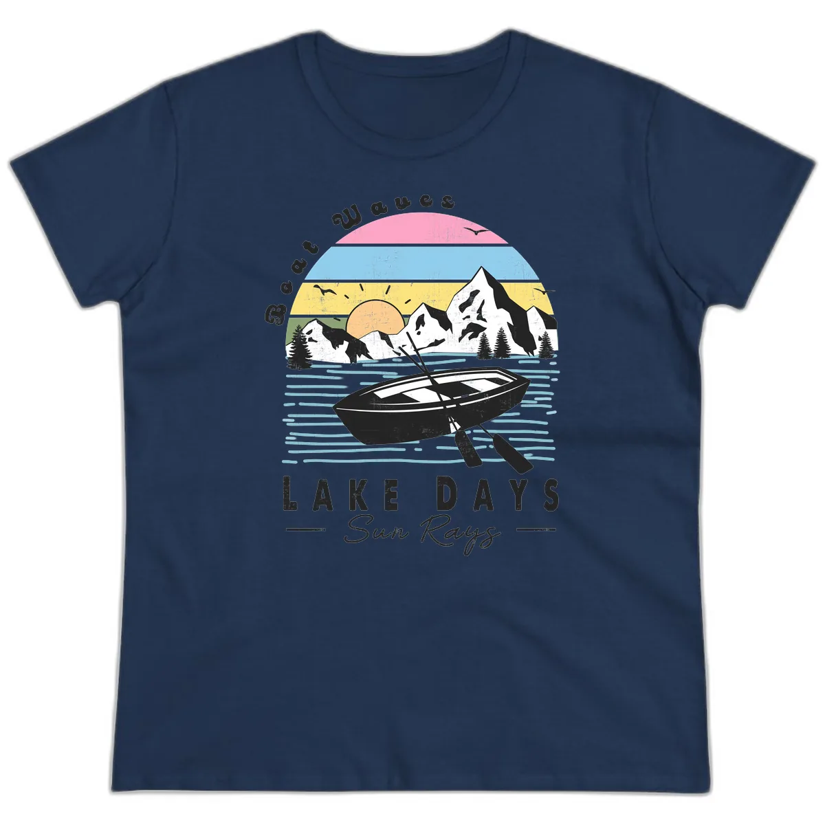 Lake Days Boat Sun Rays Scenic Ladies Tee in Navy