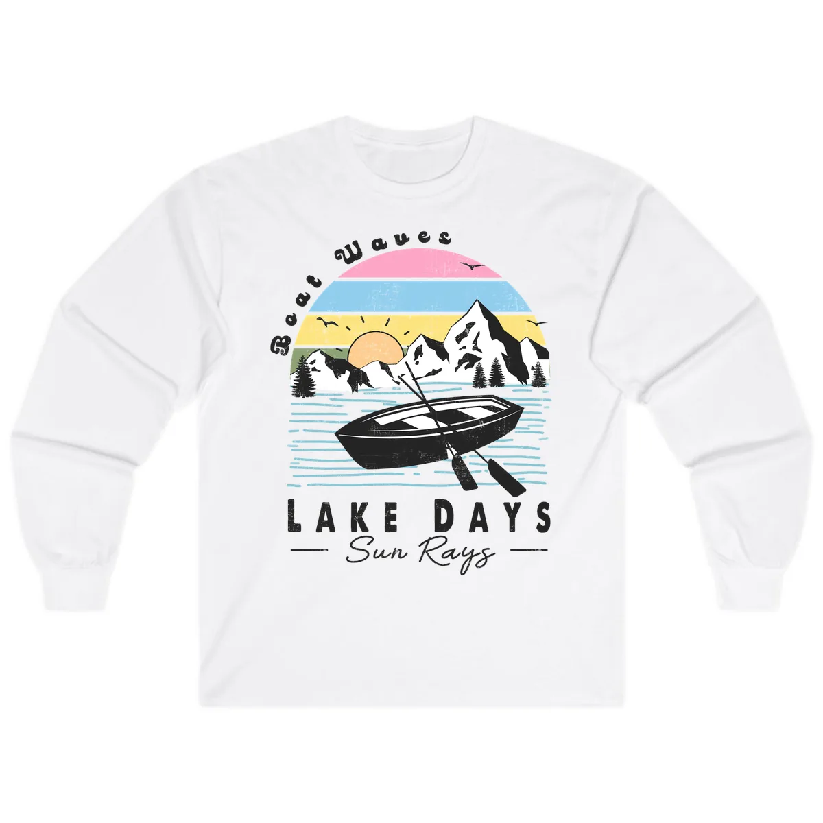 Lake Days Boat Sun Rays Scenic Long Sleeve in White