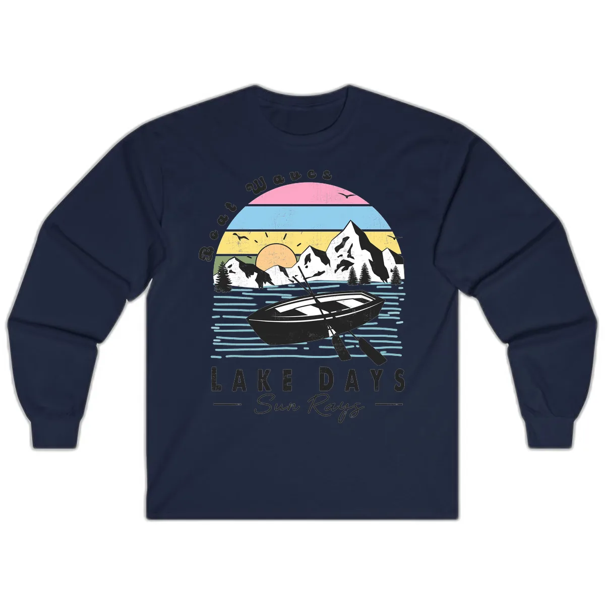 Lake Days Boat Sun Rays Scenic Long Sleeve in Navy