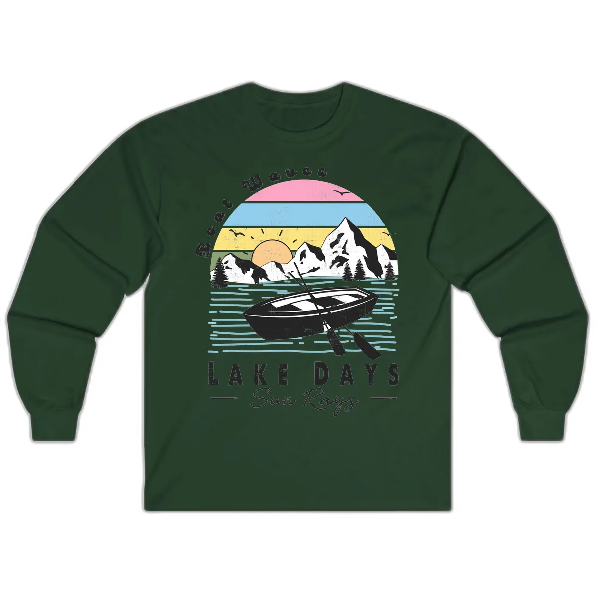 Lake Days Boat Sun Rays Scenic Long Sleeve in Forest Green