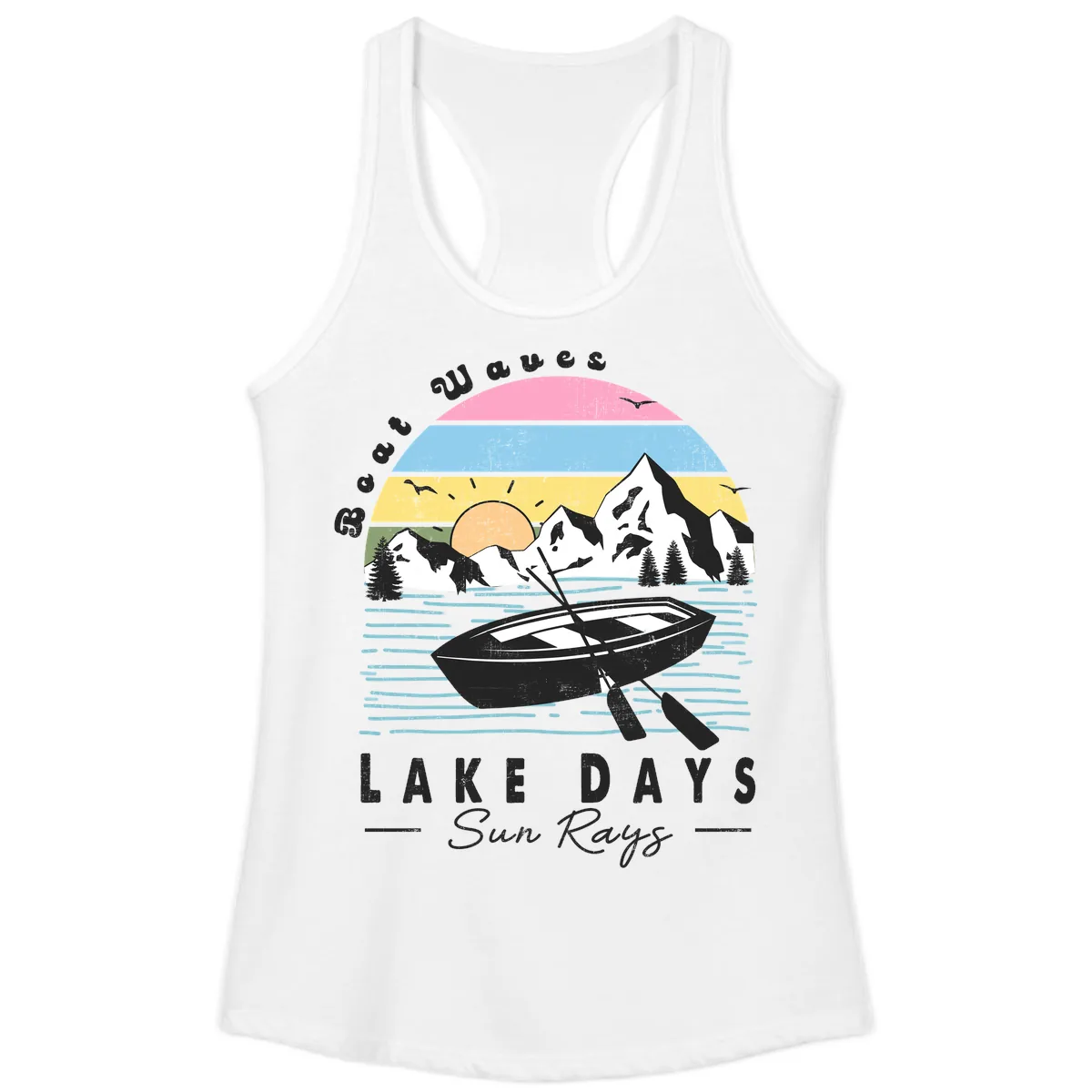Lake Days Boat Sun Rays Scenic Ladies Tank in White