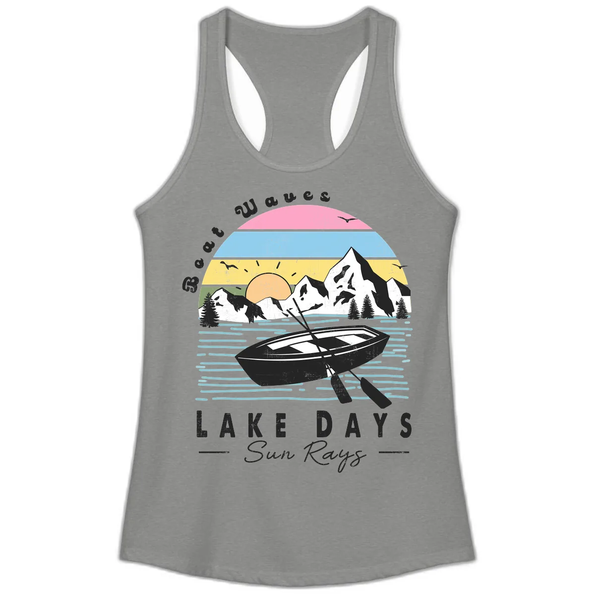 Lake Days Boat Sun Rays Scenic Ladies Tank in Heather Grey