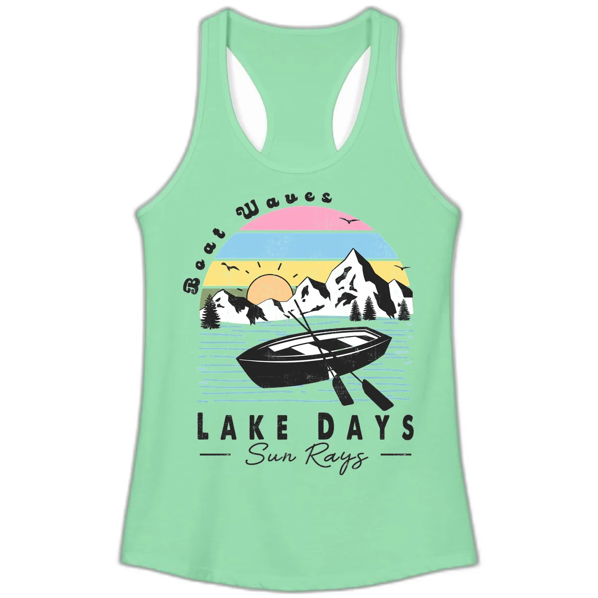 Lake Days Boat Sun Rays Scenic Ladies Tank in Solid Mint