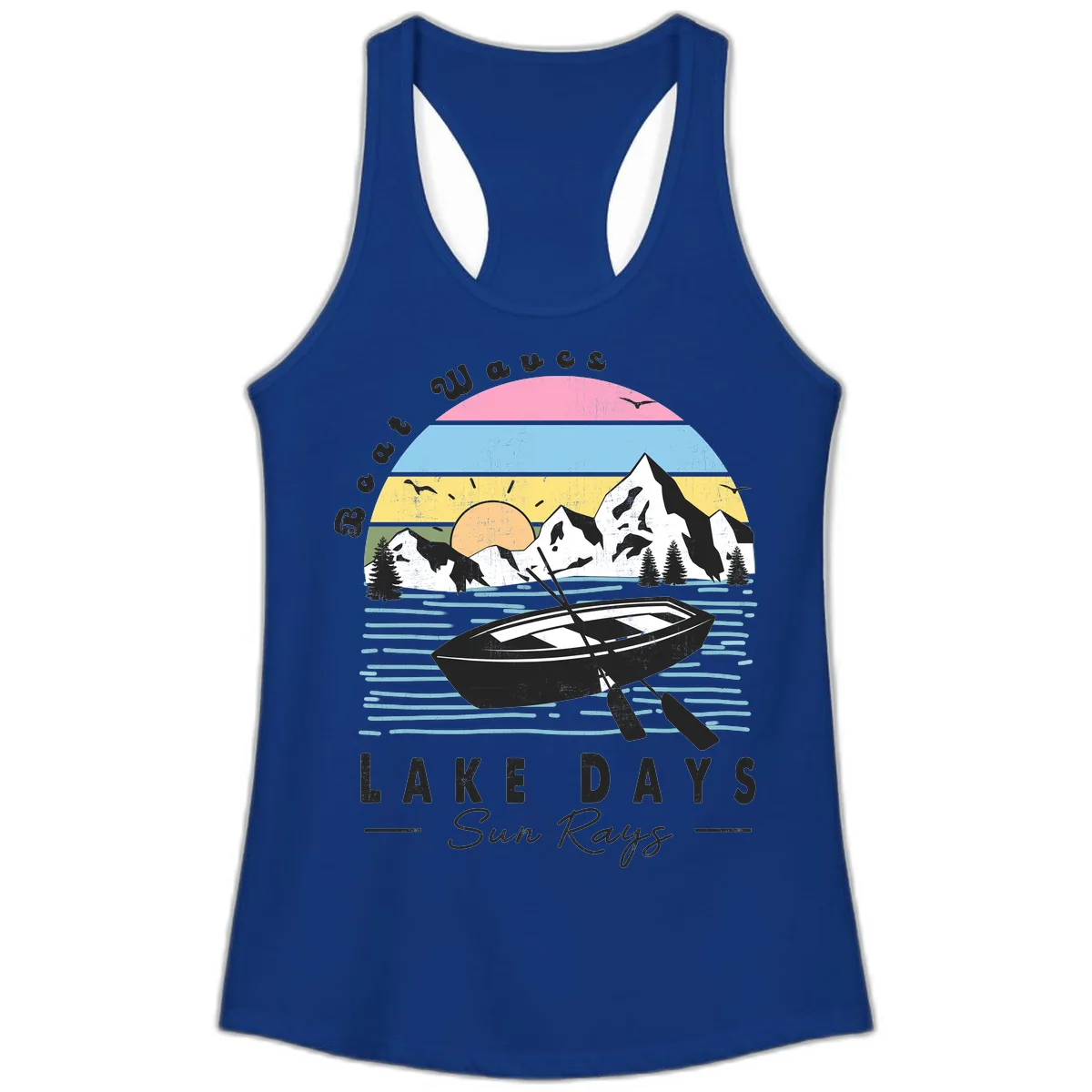 Lake Days Boat Sun Rays Scenic Ladies Tank in Solid Royal