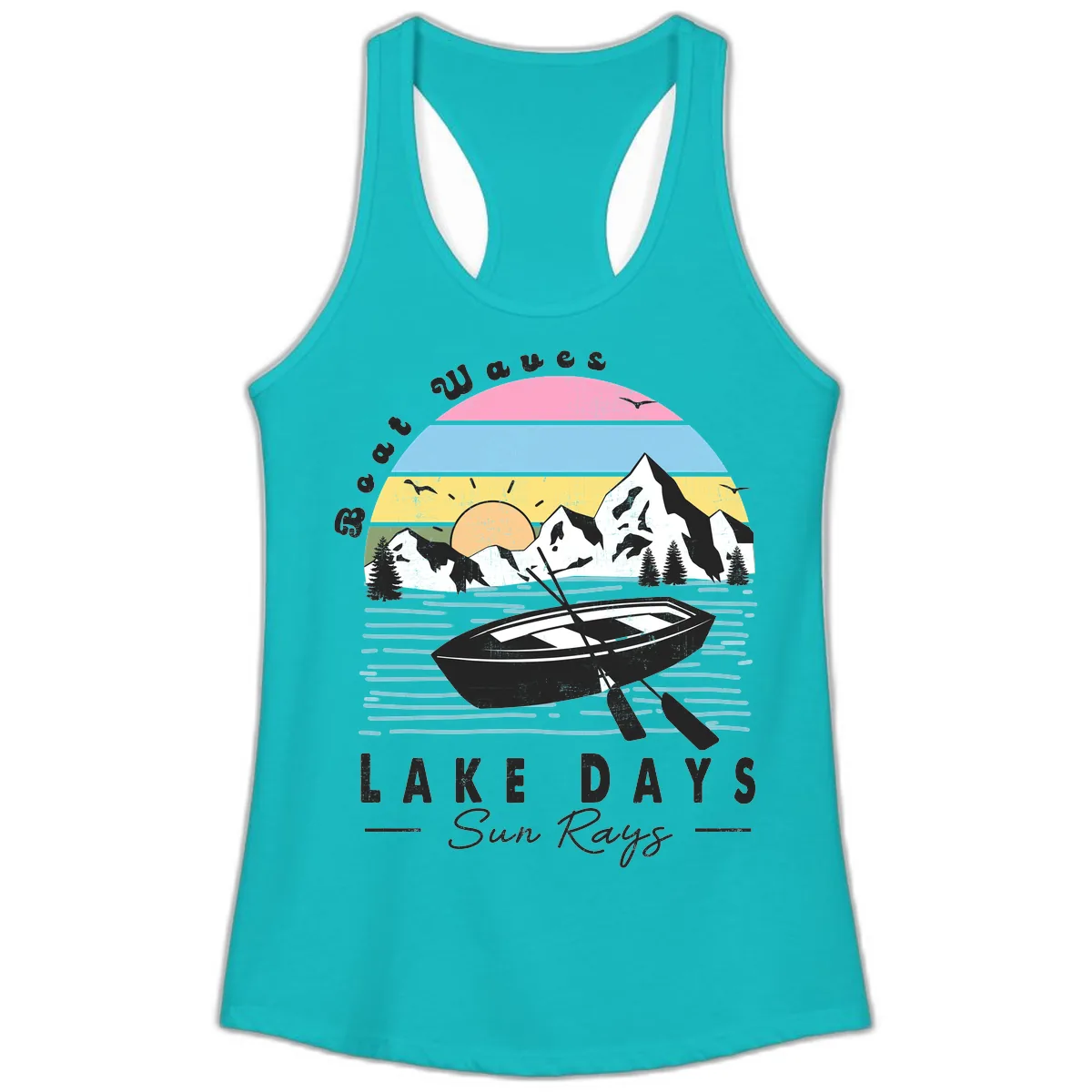 Lake Days Boat Sun Rays Scenic Ladies Tank in Tahiti Blue