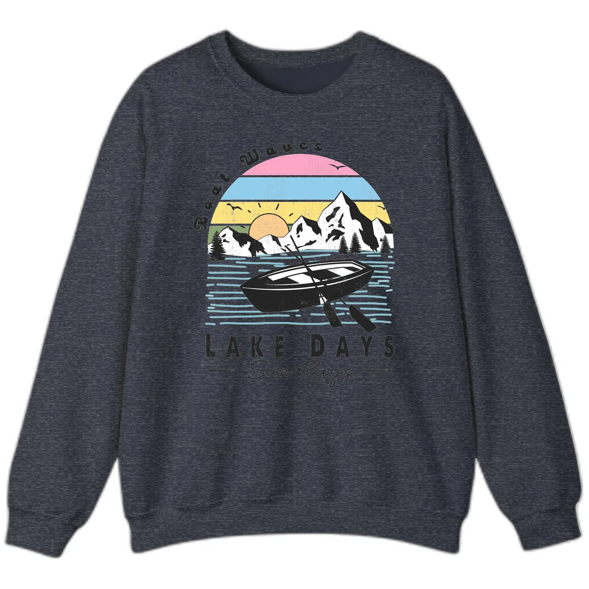 Lake Days Boat Sun Rays Scenic Sweatshirt in Heather Sport Dark Navy
