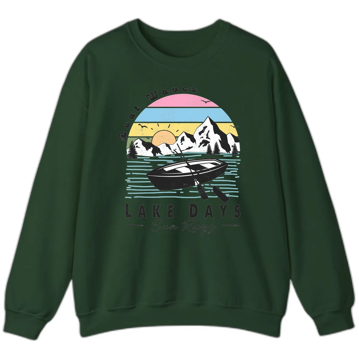 Lake Days Boat Sun Rays Scenic Sweatshirt in Forest Green