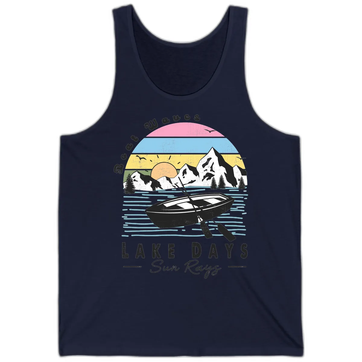 Lake Days Boat Sun Rays Scenic Tank in Navy