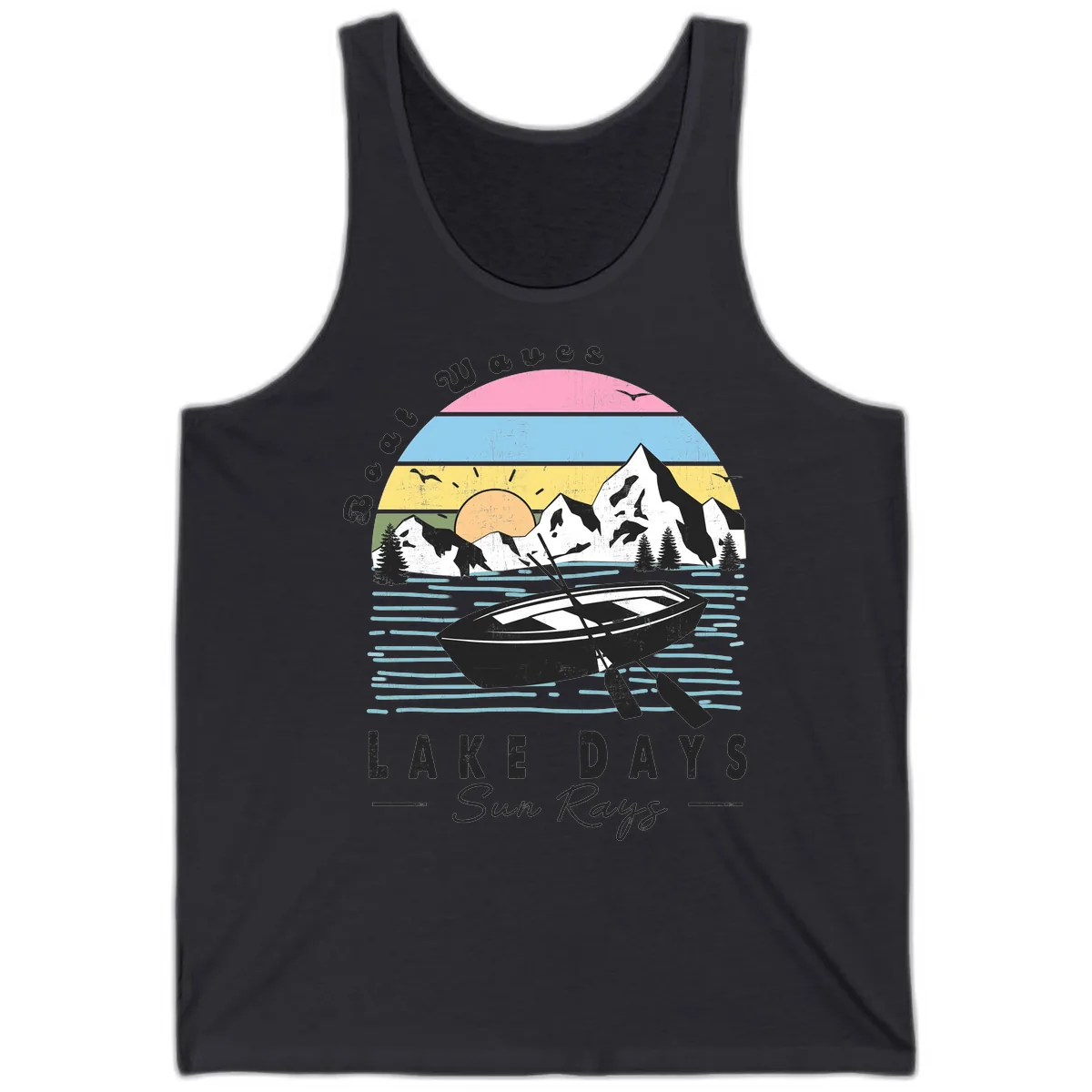 Lake Days Boat Sun Rays Scenic Tank in Dark Grey