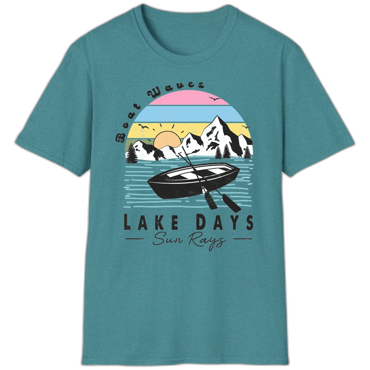 Lake Days Boat Sun Rays Scenic T-Shirt in Heather Galapagos Blue