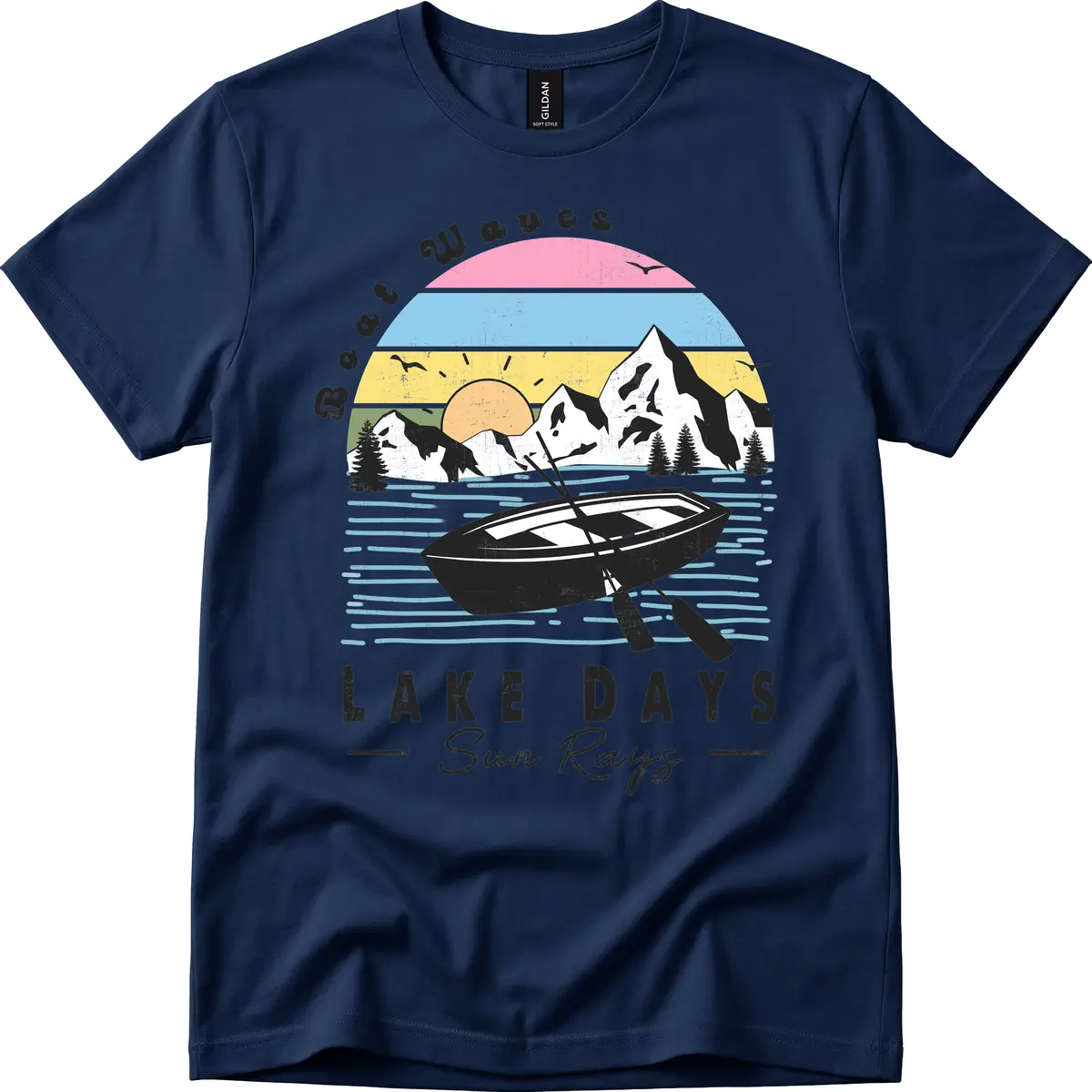 Lake Days Boat Sun Rays Scenic T-Shirt in Navy
