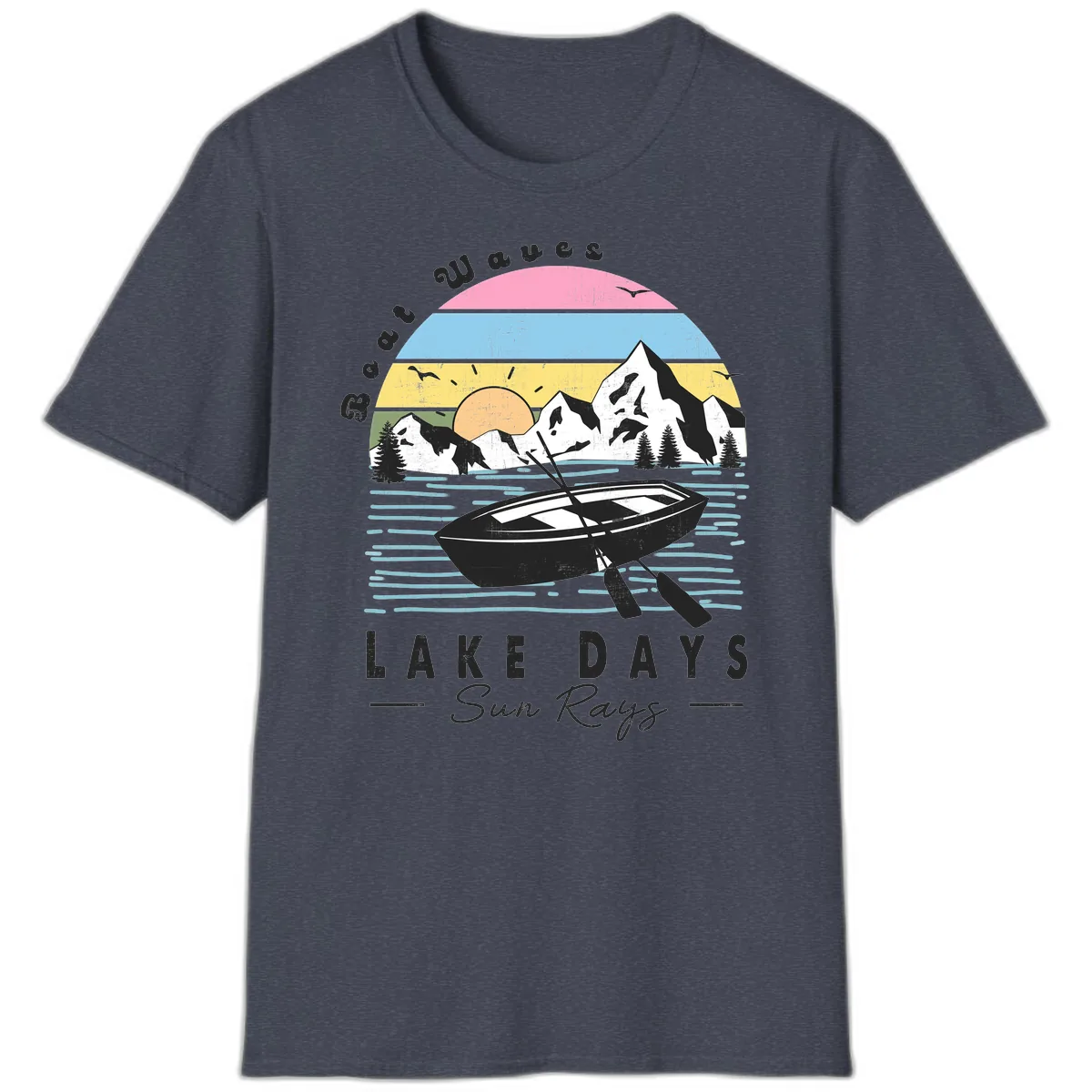 Lake Days Boat Sun Rays Scenic T-Shirt in Heather Navy