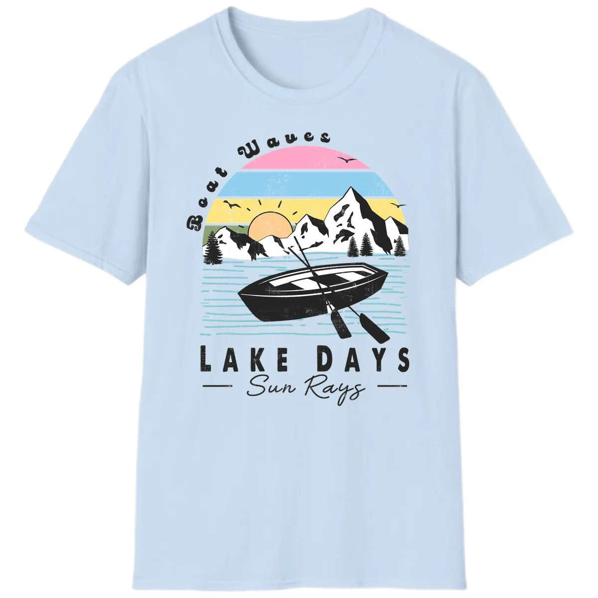 Lake Days Boat Sun Rays Scenic T-Shirt in Light Blue