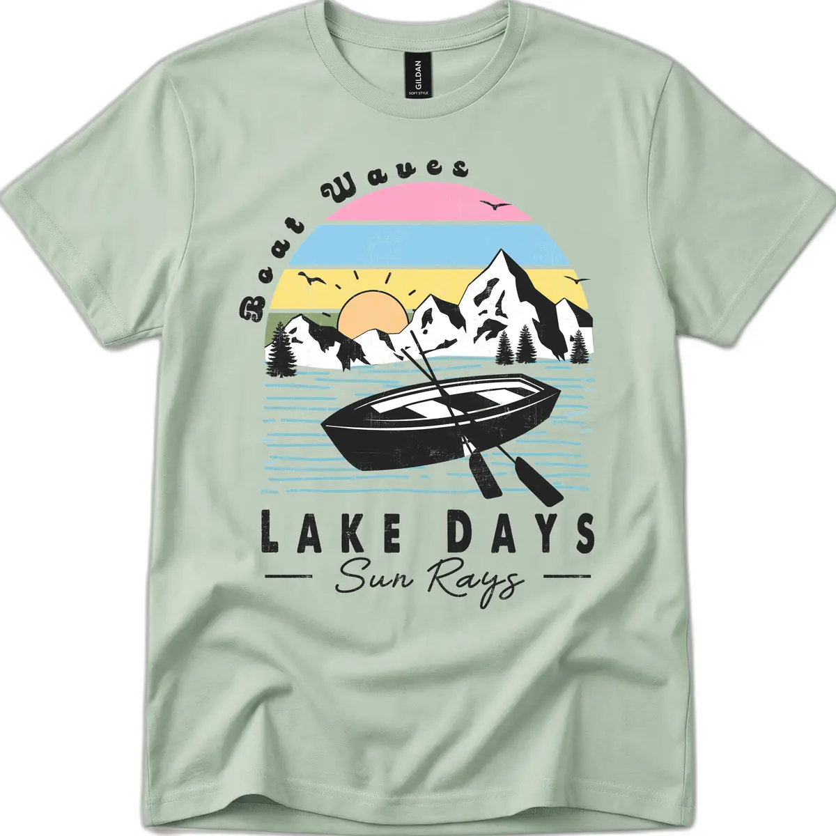 Lake Days Boat Sun Rays Scenic T-Shirt in Sage