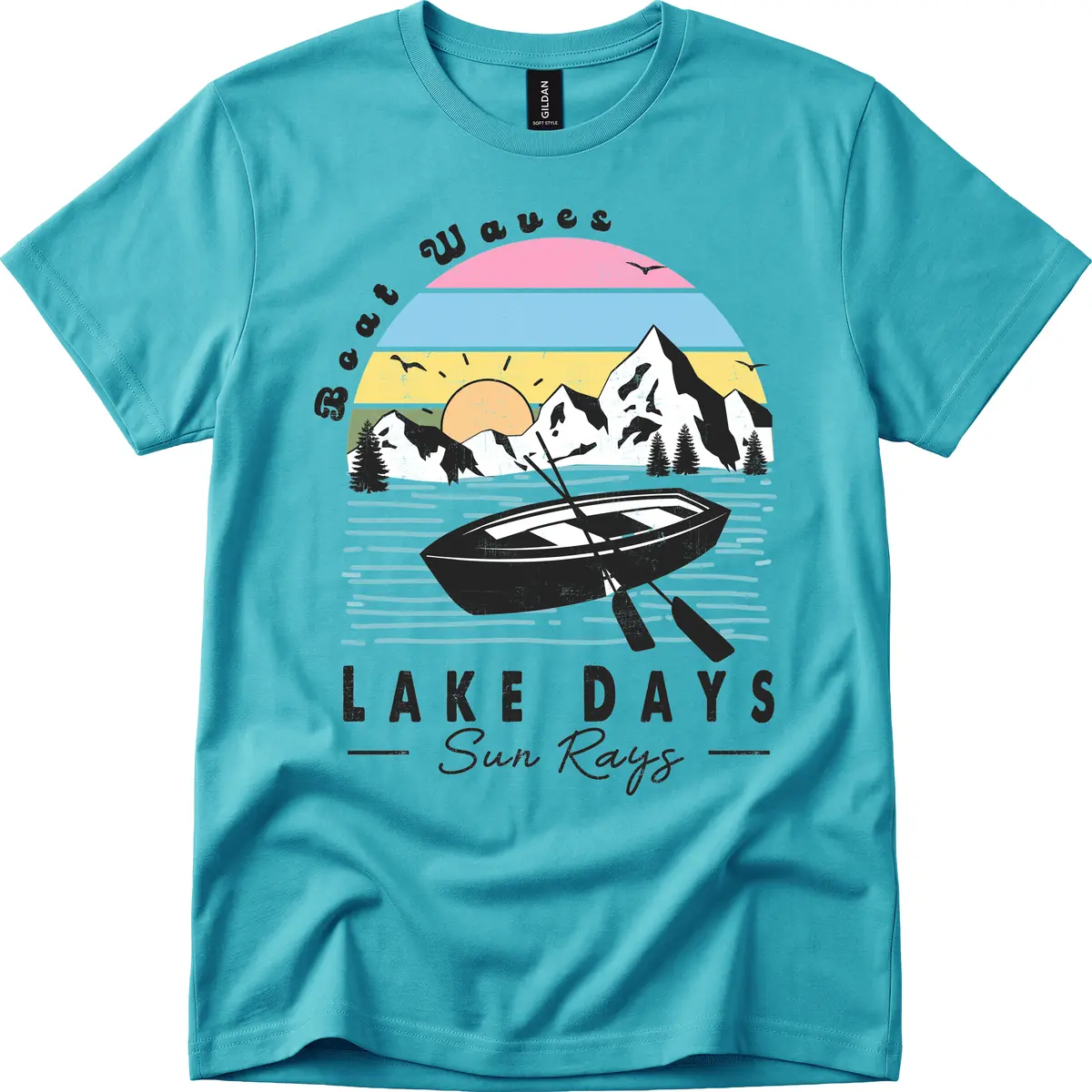 Lake Days Boat Sun Rays Scenic T-Shirt in Tropical Blue