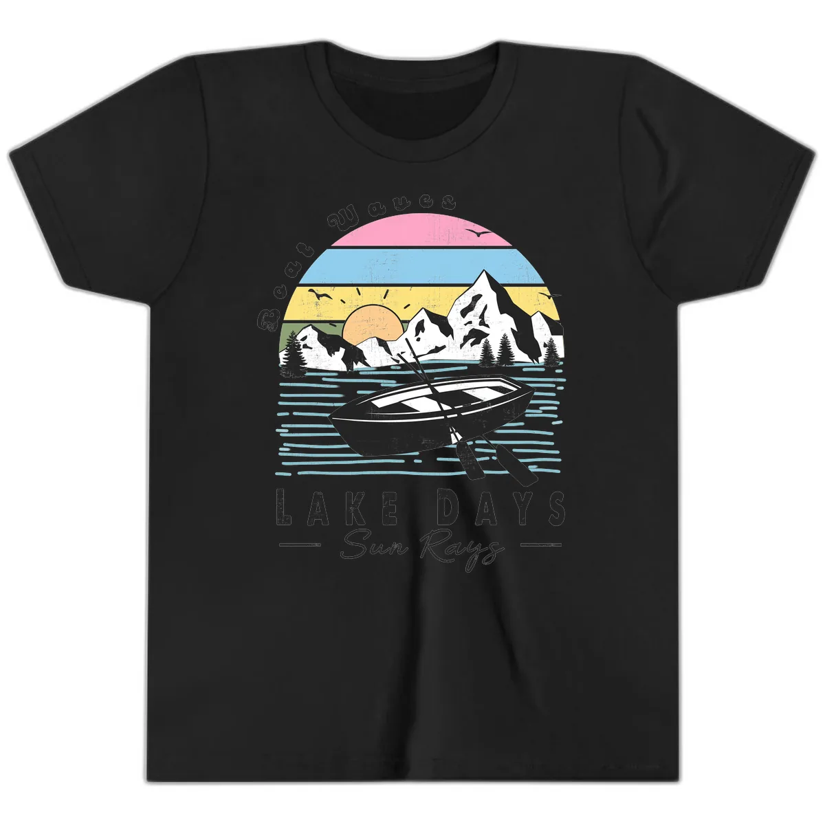 Lake Days Boat Sun Rays Scenic Youth T-Shirt in Black