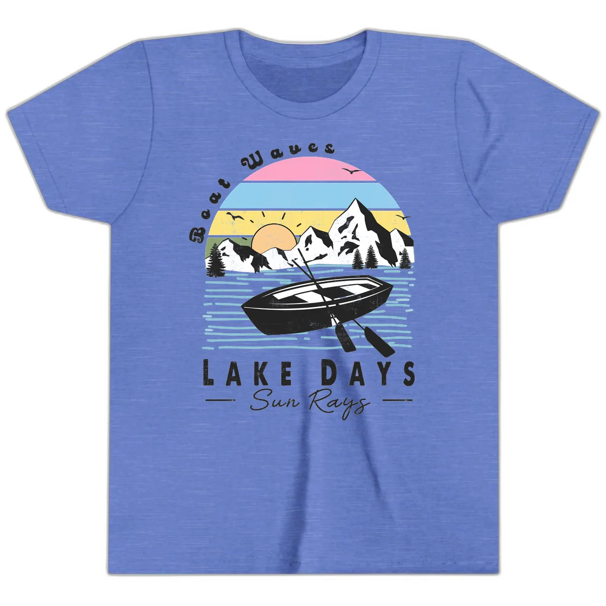 Lake Days Boat Sun Rays Scenic Youth T-Shirt in Heather Columbia Blue