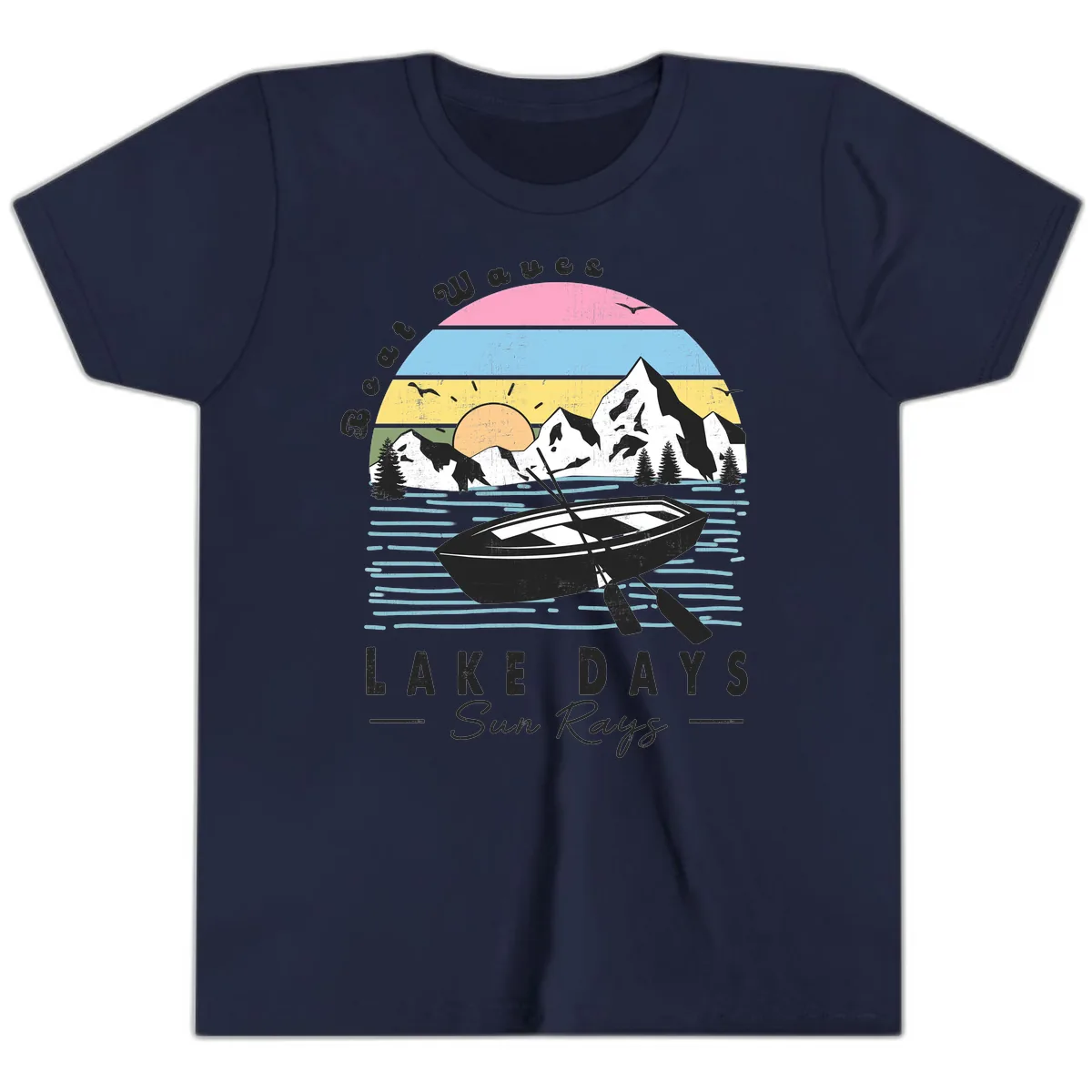 Lake Days Boat Sun Rays Scenic Youth T-Shirt in Navy