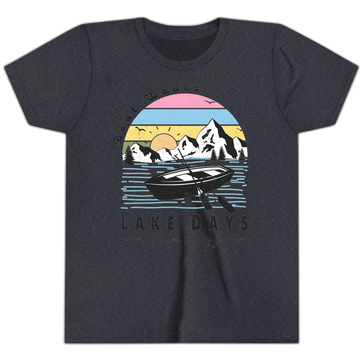 Lake Days Boat Sun Rays Scenic Youth T-Shirt in Heather Navy
