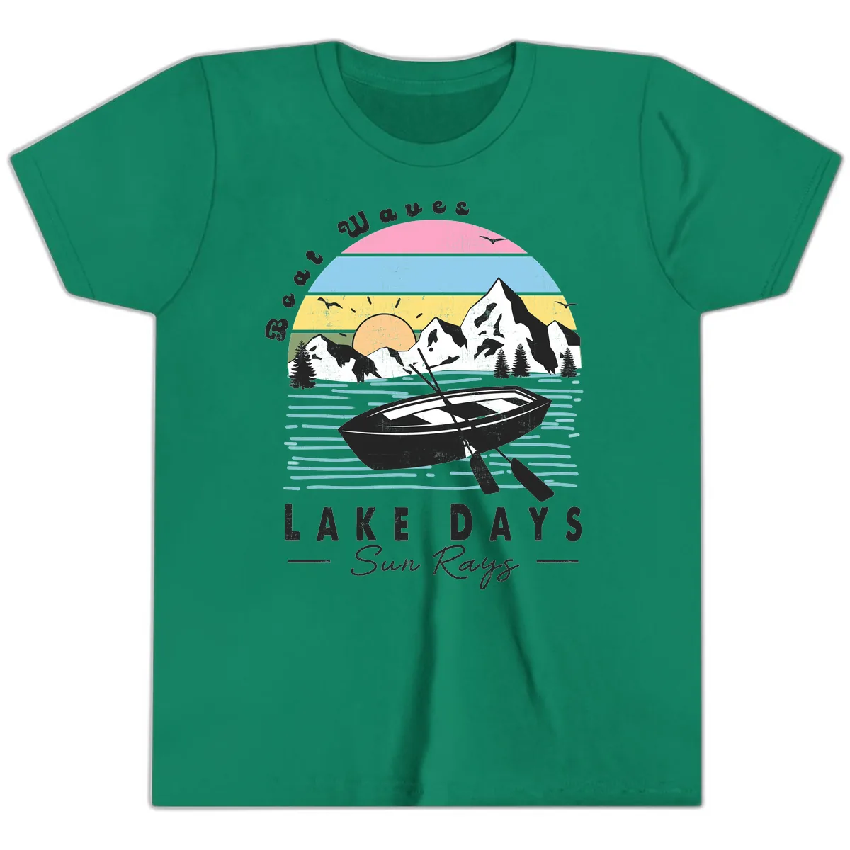 Lake Days Boat Sun Rays Scenic Youth T-Shirt in Kelly