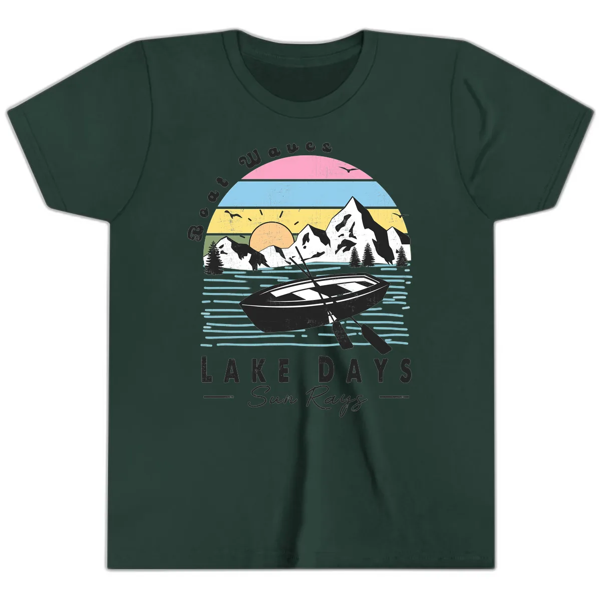 Lake Days Boat Sun Rays Scenic Youth T-Shirt in Forest
