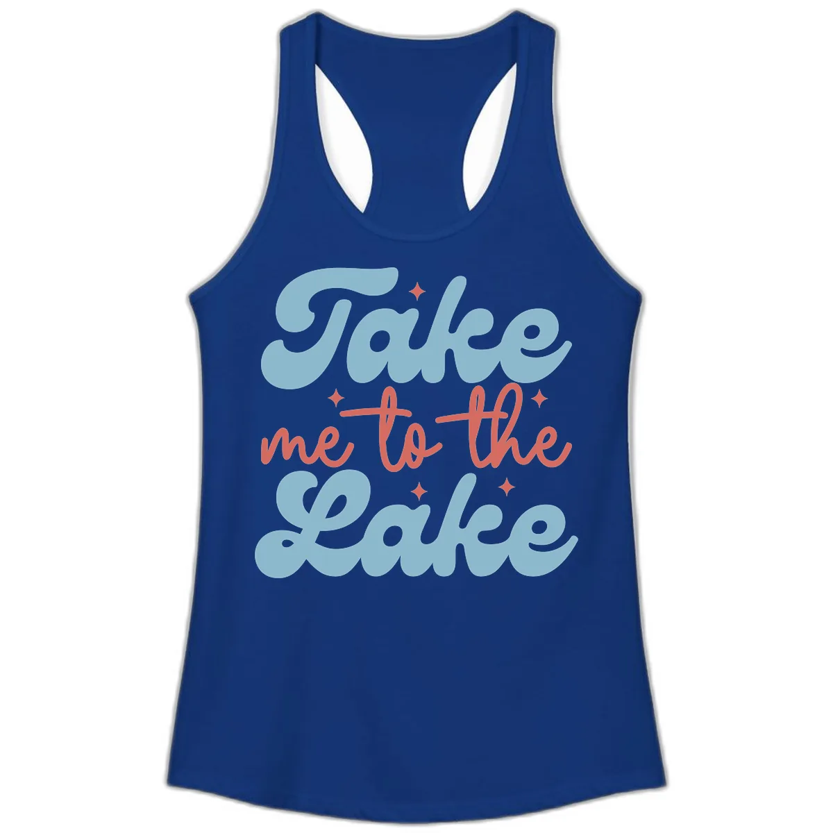 Take Me To The Lake Retro Design Ladies Tank in Solid Royal