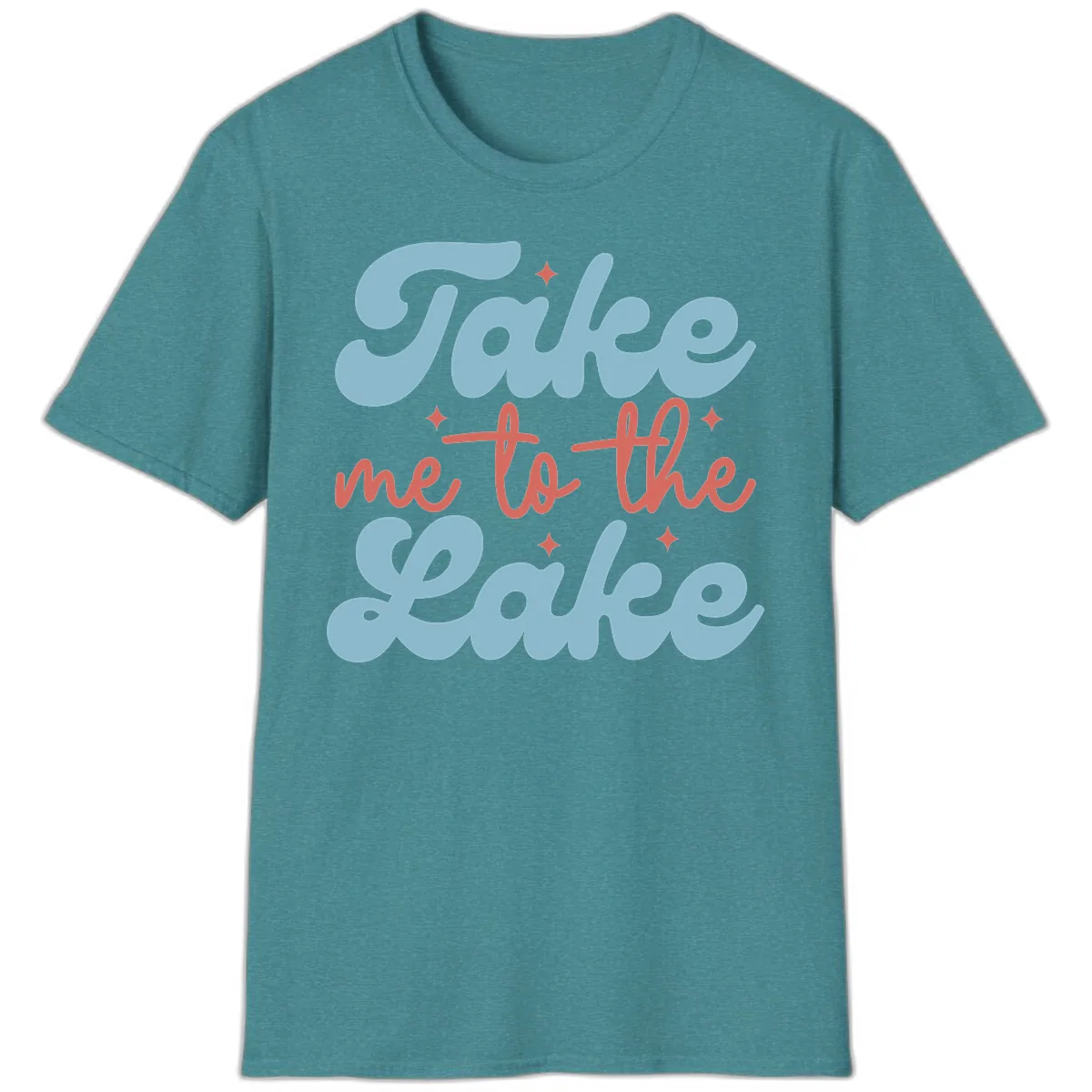Take Me To The Lake Retro Design T-Shirt in Heather Galapagos Blue