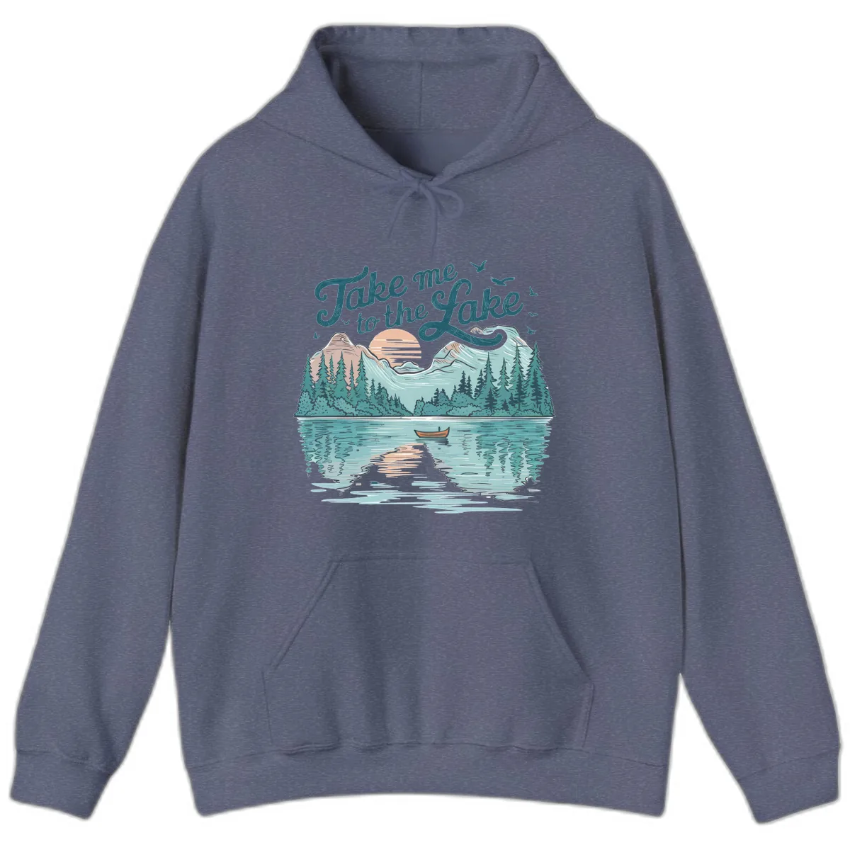 Take Me To The Lake Scenic Design Hoodie in Heather Navy