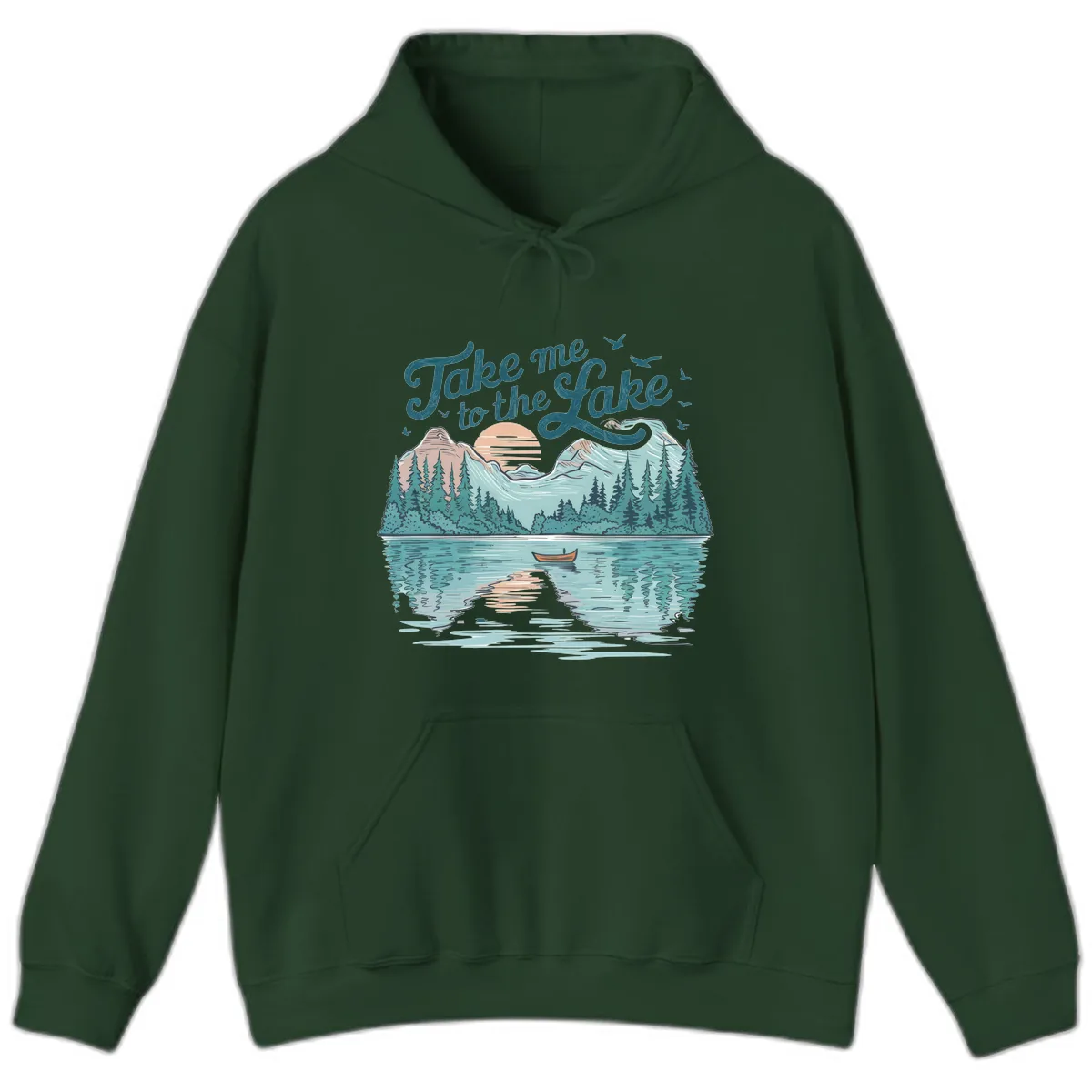 Take Me To The Lake Scenic Design Hoodie in Forest Green