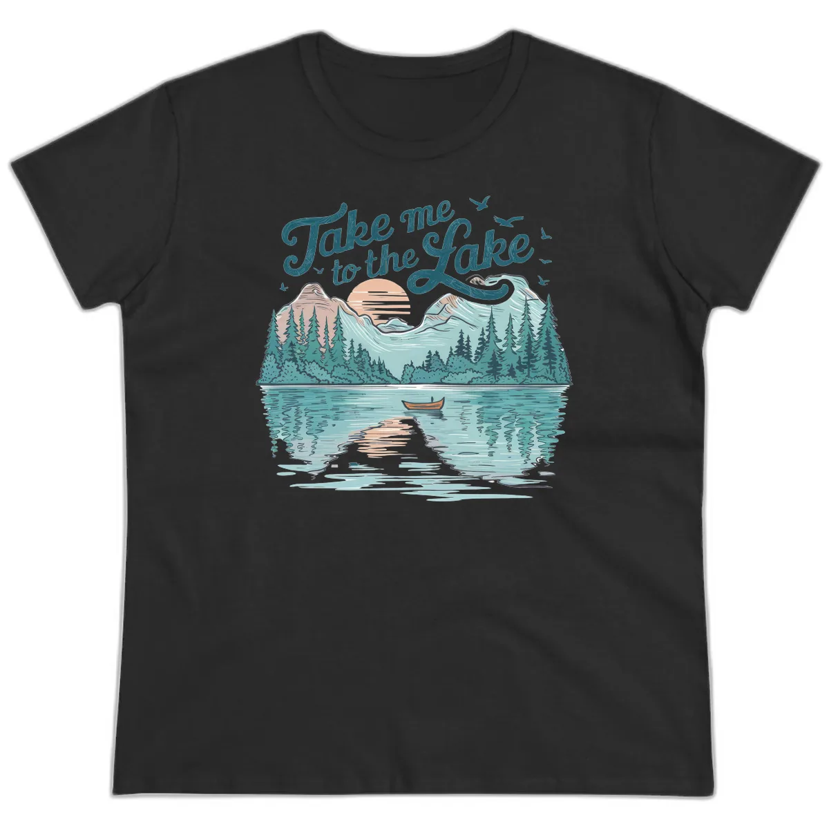 Take Me To The Lake Scenic Design Ladies Tee in Black