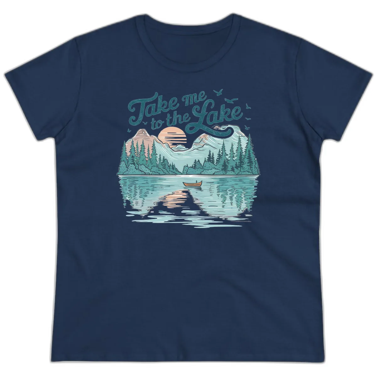 Take Me To The Lake Scenic Design Ladies Tee in Navy