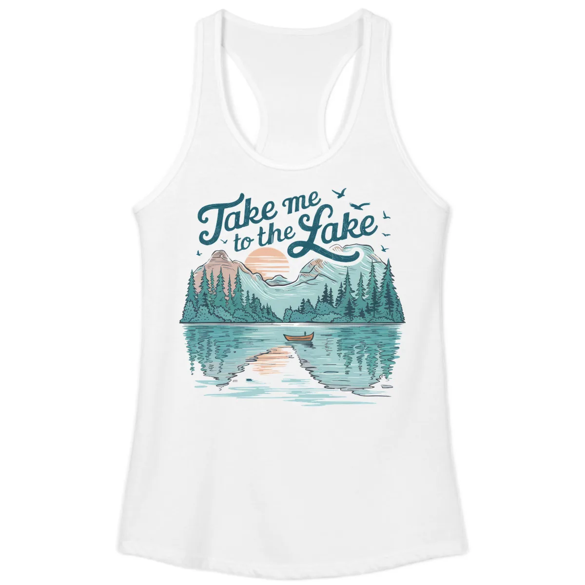 Take Me To The Lake Scenic Design Ladies Tank in White