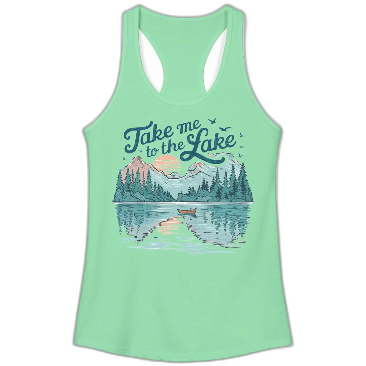 Take Me To The Lake Scenic Design Ladies Tank in Solid Mint