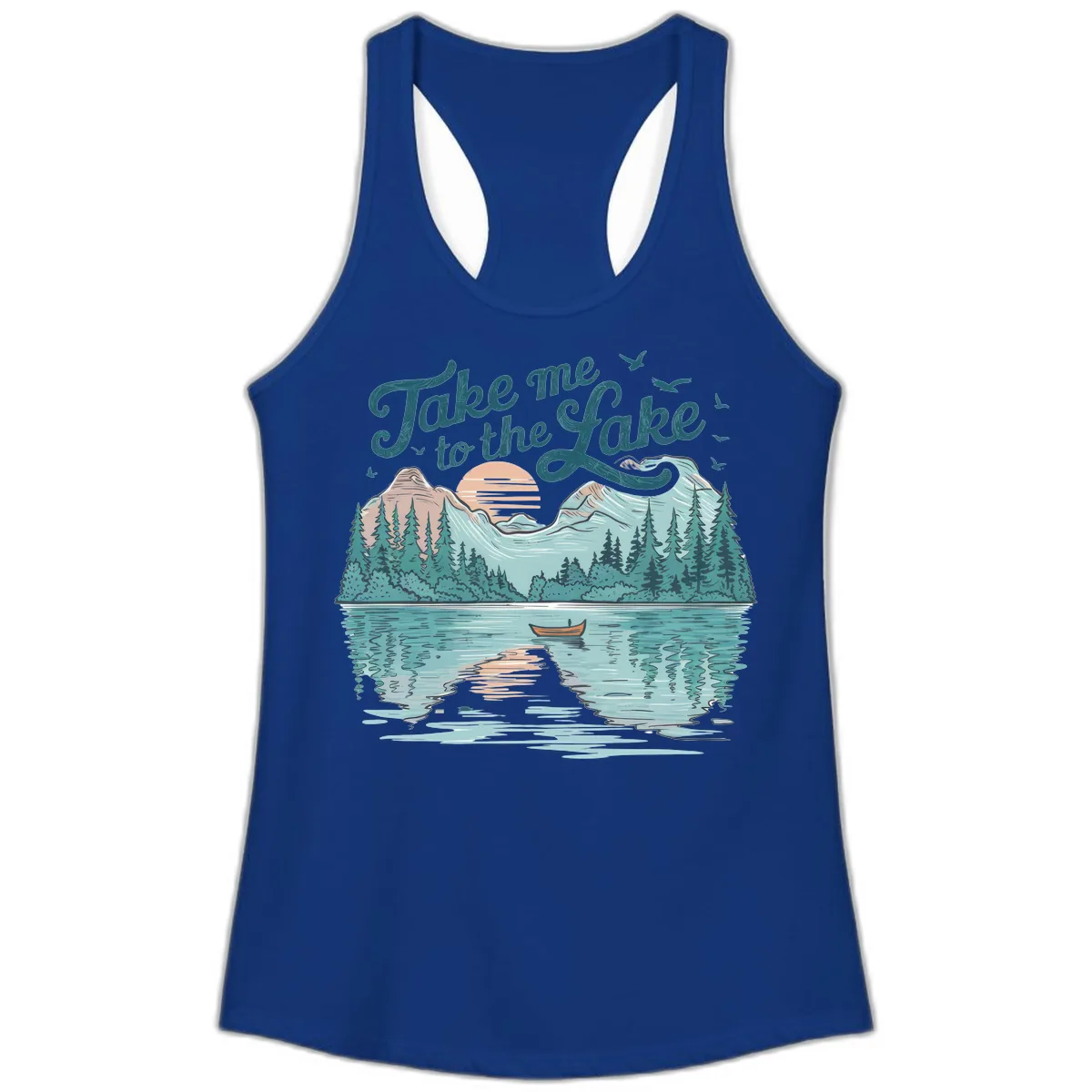 Take Me To The Lake Scenic Design Ladies Tank in Solid Royal