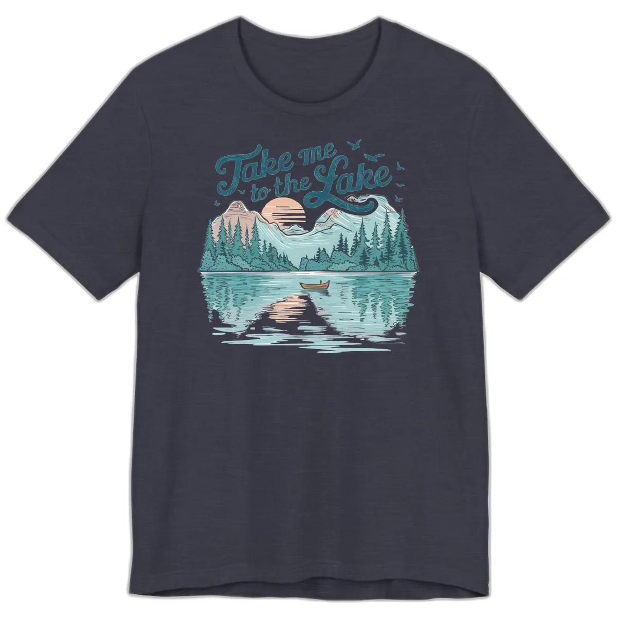 Take Me To The Lake Scenic Design Premium T-Shirt in Heather Midnight Navy
