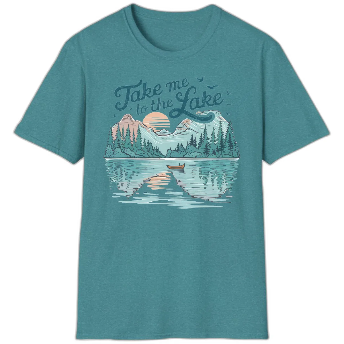 Take Me To The Lake Scenic Design T-Shirt in Heather Galapagos Blue