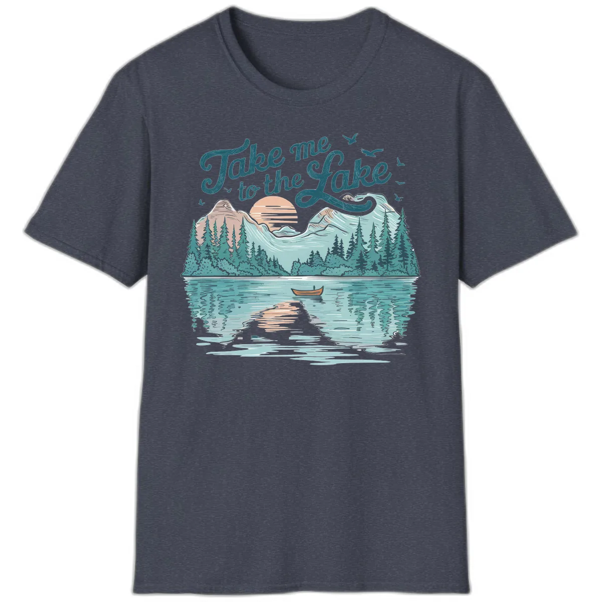 Take Me To The Lake Scenic Design T-Shirt in Heather Navy