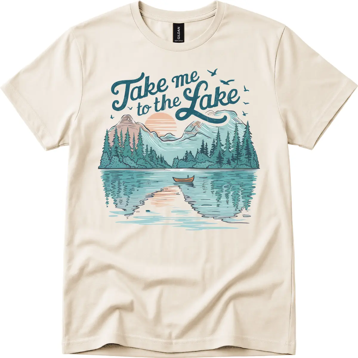 Take Me To The Lake Scenic Design T-Shirt in Natural