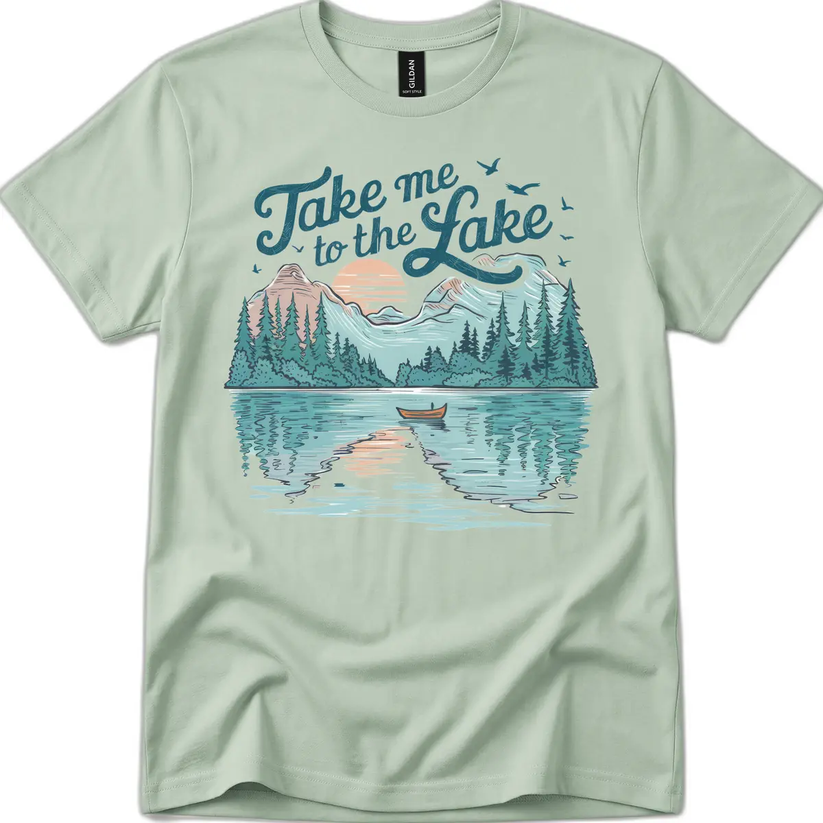 Take Me To The Lake Scenic Design T-Shirt in Sage