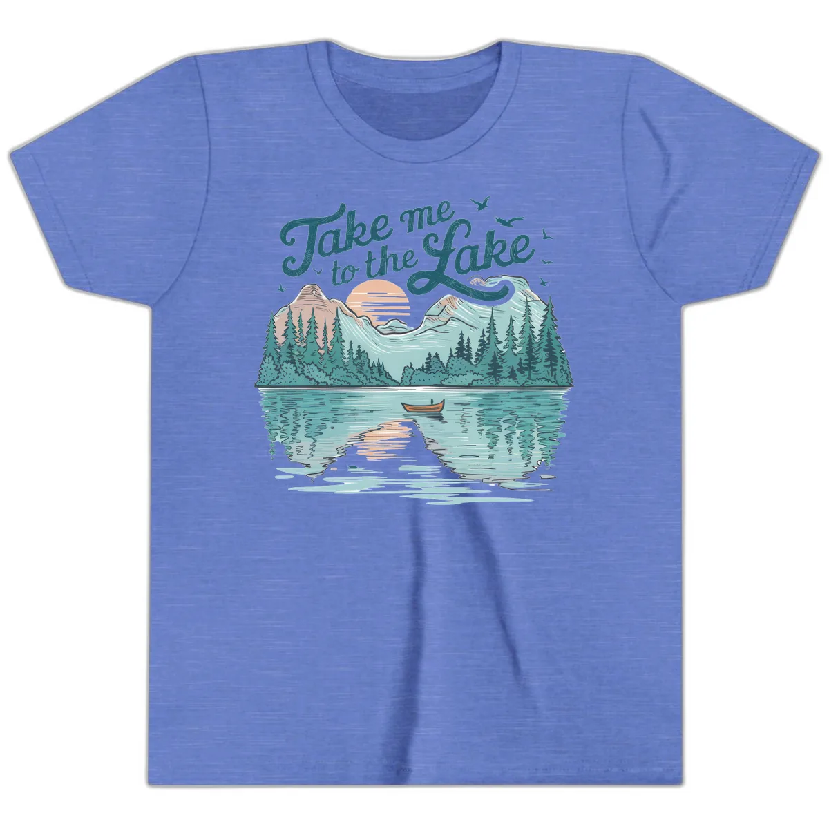 Take Me To The Lake Scenic Design Youth T-Shirt in Heather Columbia Blue