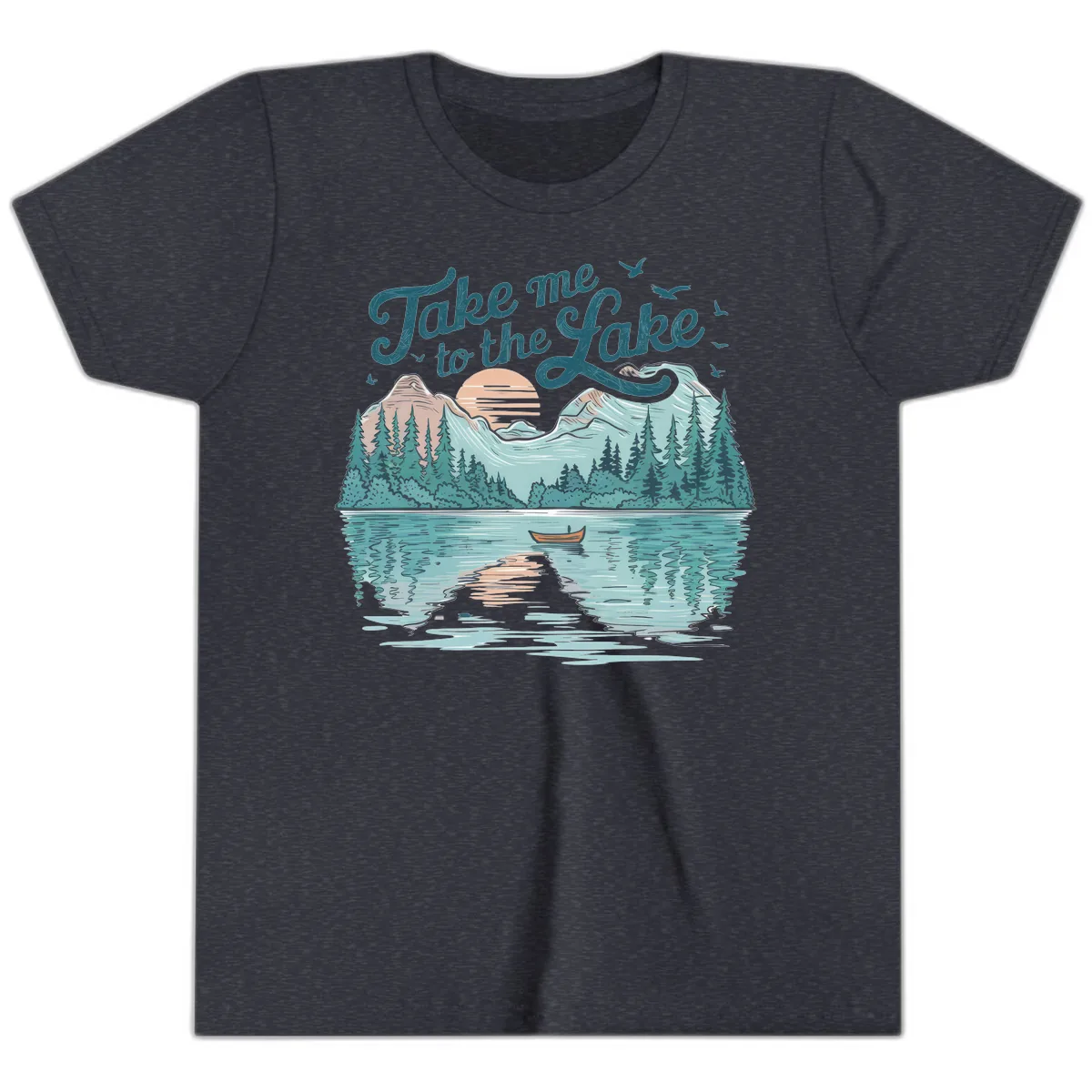 Take Me To The Lake Scenic Design Youth T-Shirt in Heather Navy