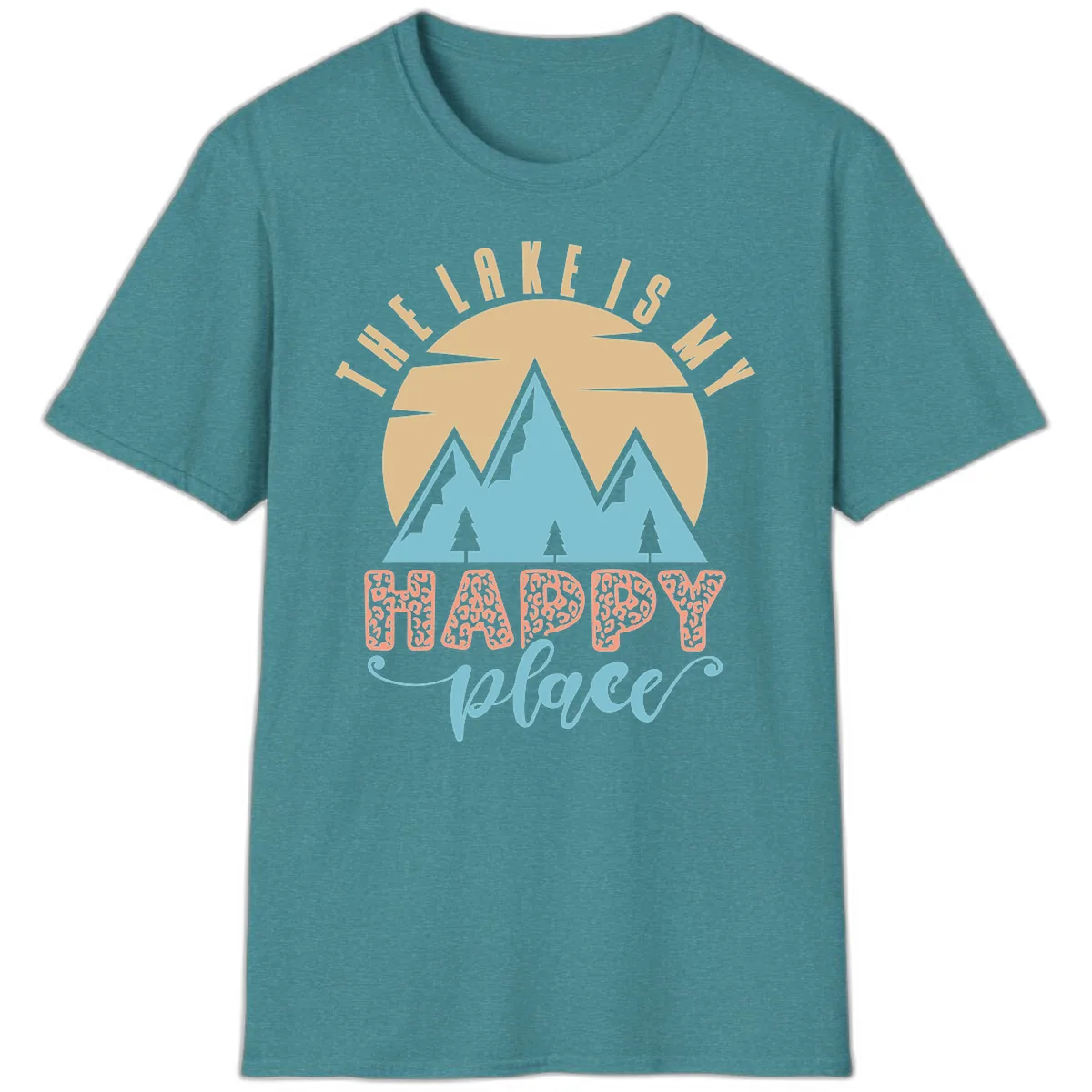 The Lake Is My Happy Place Design T-Shirt in Heather Galapagos Blue