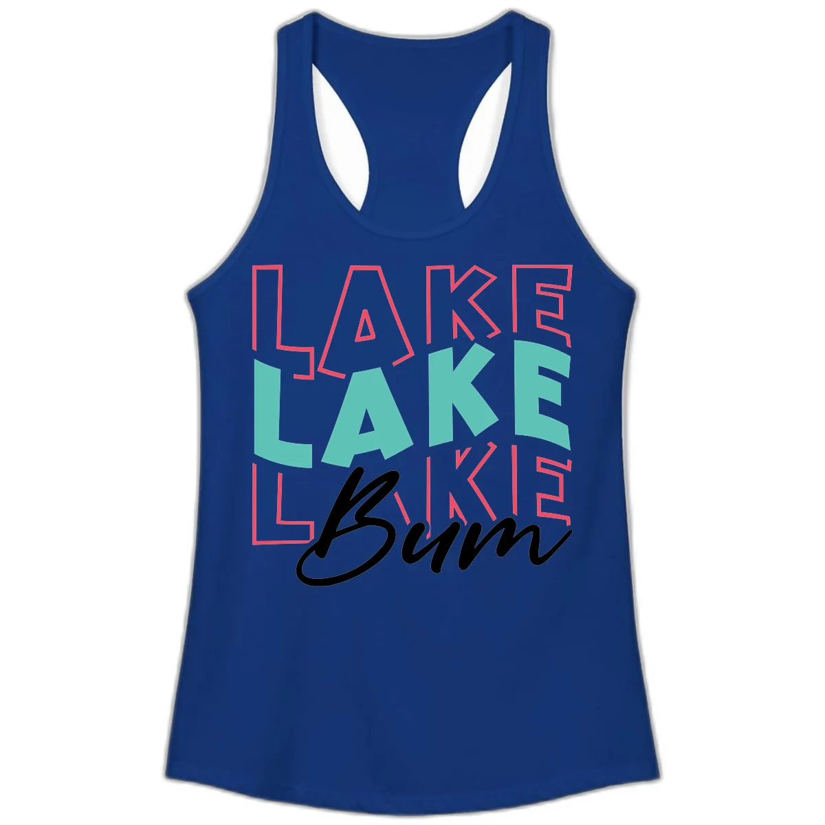 Lake Bum Typography Design Ladies Tank in Solid Royal