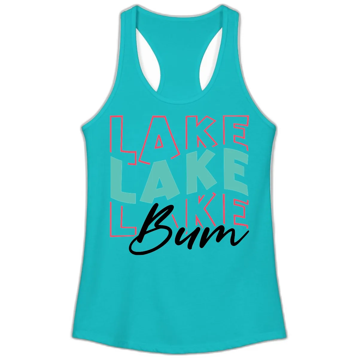 Lake Bum Typography Design Ladies Tank in Tahiti Blue