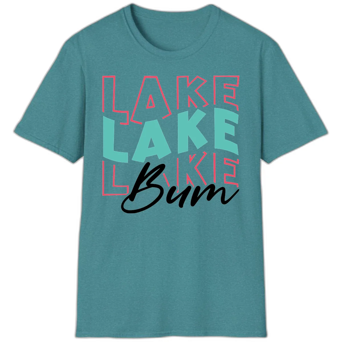 Lake Bum Typography Design T-Shirt in Heather Galapagos Blue