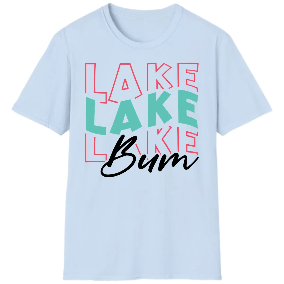 Lake Bum Typography Design T-Shirt in Light Blue