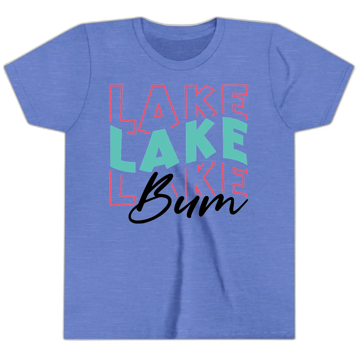 Lake Bum Typography Design Youth T-Shirt in Heather Columbia Blue