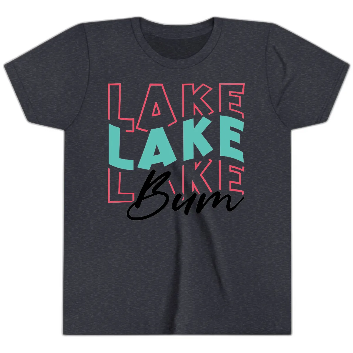 Lake Bum Typography Design Youth T-Shirt in Heather Navy