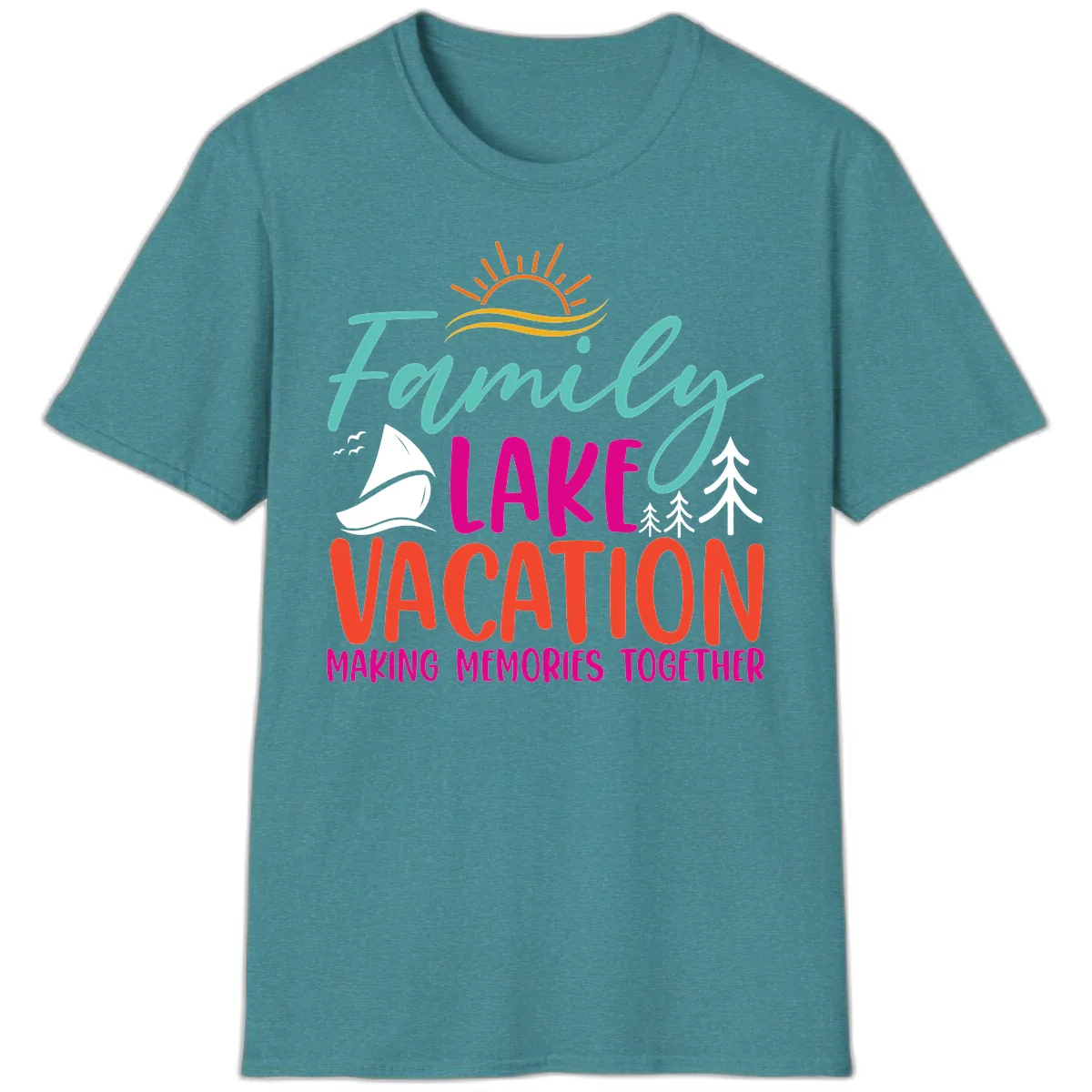 Family Lake Vacation Making Memories T-Shirt in Heather Galapagos Blue